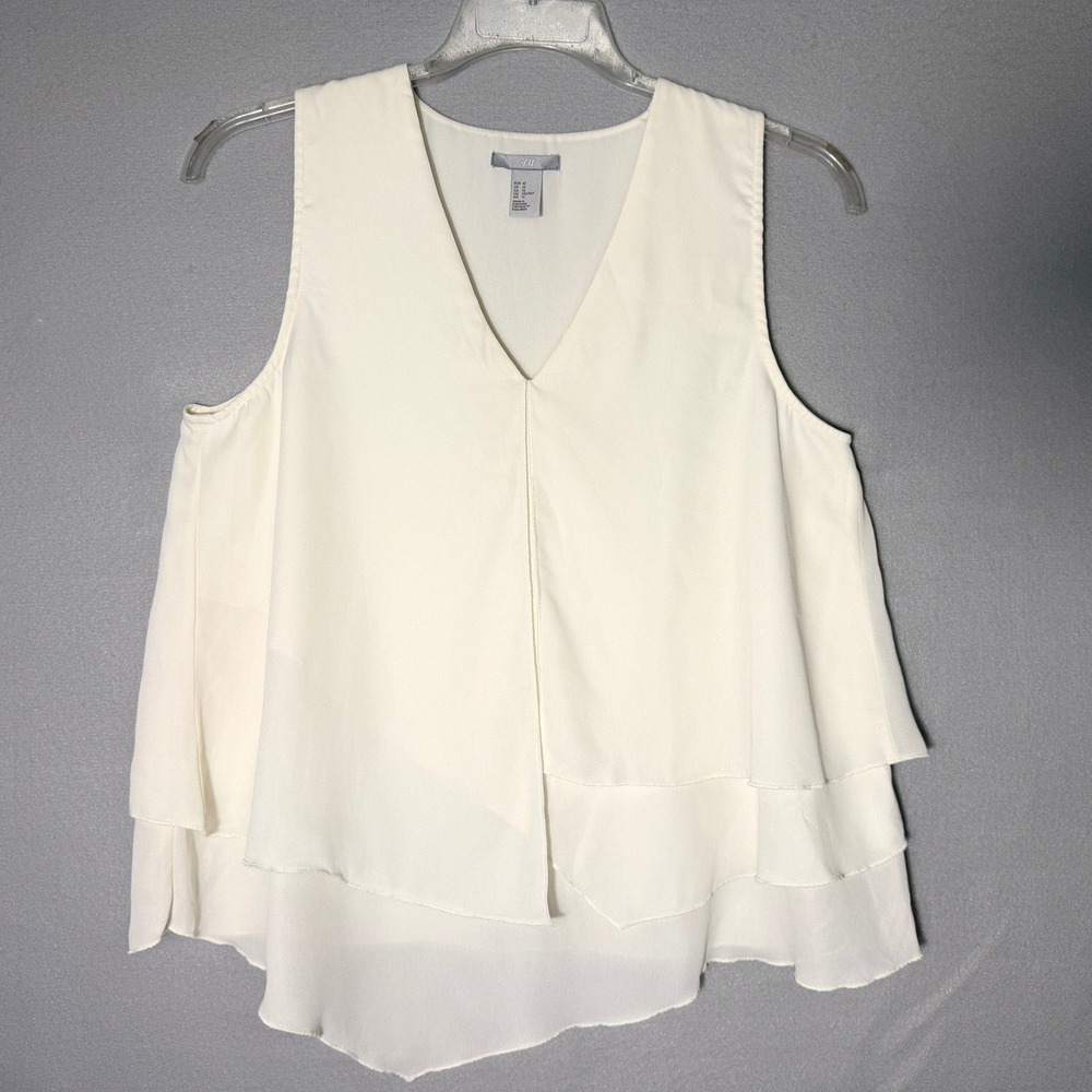 H&M Layered Tiered Sleeveless Blouse Womens Size 12 Ivory‎ White V-Neck Chiffon